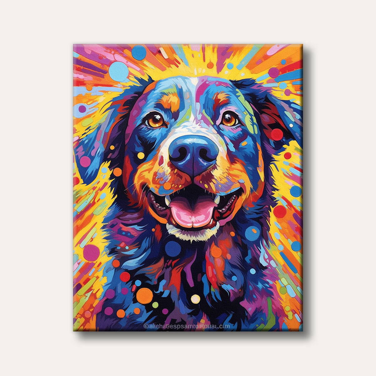 A close-up vibrant portrait of a happy dog with multicoloured fur and a bright yellow abstract background, rendered in a striking pop art style.