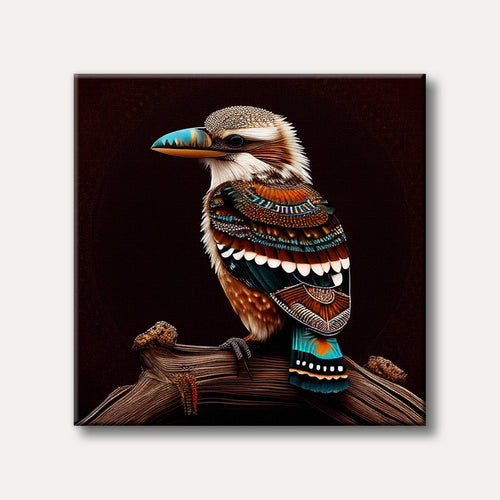 A detailed and vibrantly coloured bird with ornate patterns on its feathers and a blue-tipped beak, perched on a branch against a dark background, painted in a realistic and intricate style.