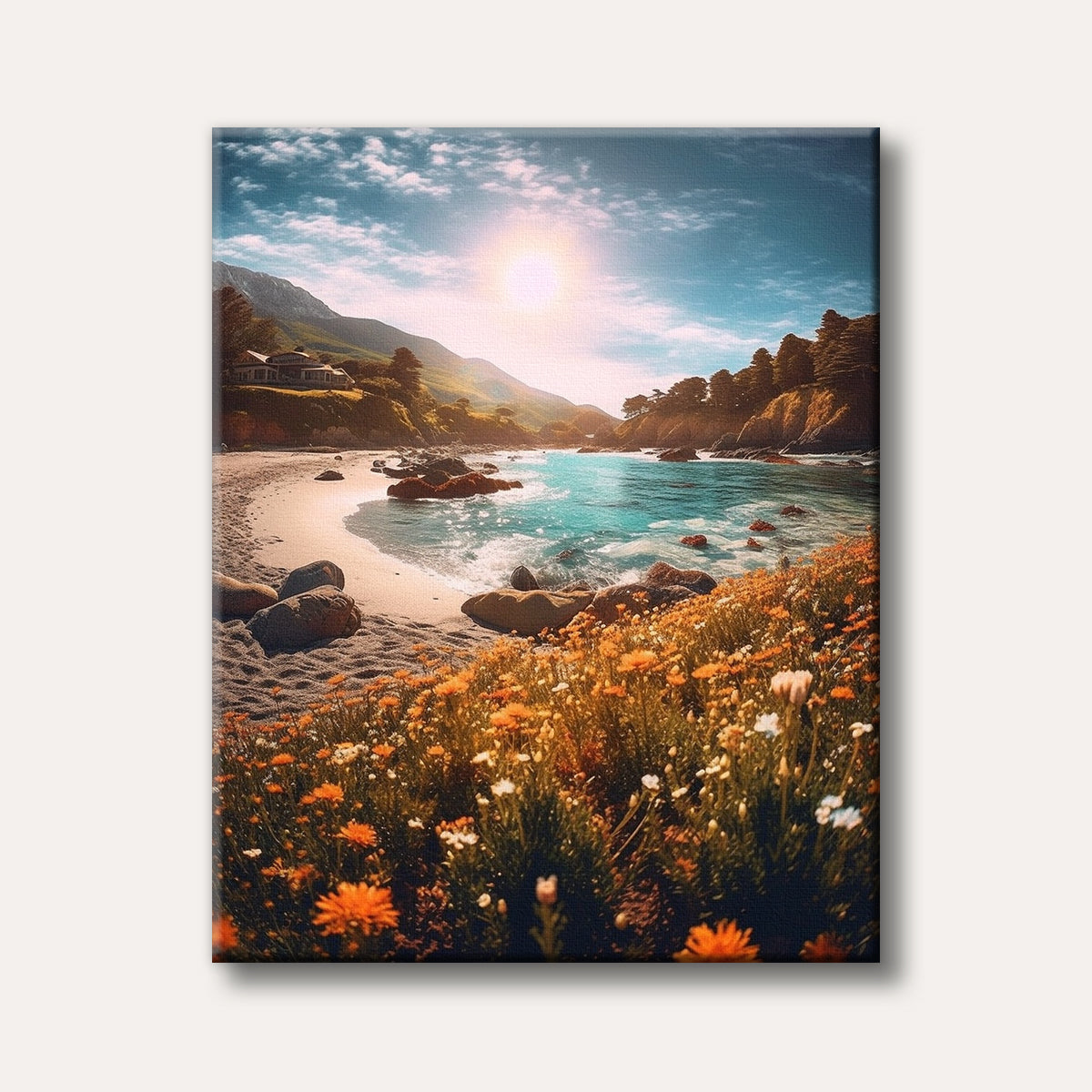 A vibrant painting of a sun-drenched coastal scene with orange wildflowers in the foreground, turquoise ocean waves, a sandy beach, and distant mountains under a bright sky.