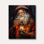 A warm and inviting realistic painting of Santa Claus with a long white beard, wearing a detailed red and gold robe, holding a glowing antique lantern against a dark background with soft bokeh lights.