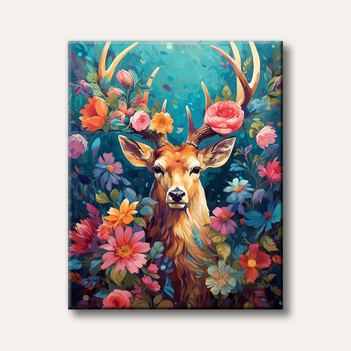 A vibrant, whimsical painting of a deer with antlers surrounded by a dense array of colourful flowers and green foliage, set against a dark teal background.