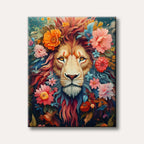 A majestic lion's head emerges from a vibrant, fantastical floral mane with orange, pink, and blue flowers, painted in a richly coloured, illustrative style.
