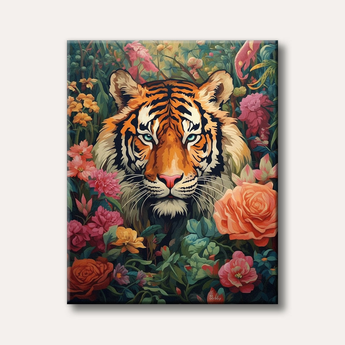 A close-up, vibrant painting of a tiger with striking blue eyes, peeking from a lush jungle filled with colourful pink, orange, and red flowers.