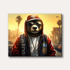 A cool, anthropomorphic bear in a red hoodie, baseball cap, and sunglasses stands in a vibrant, golden-hued city street, rendered in a modern pop art style.