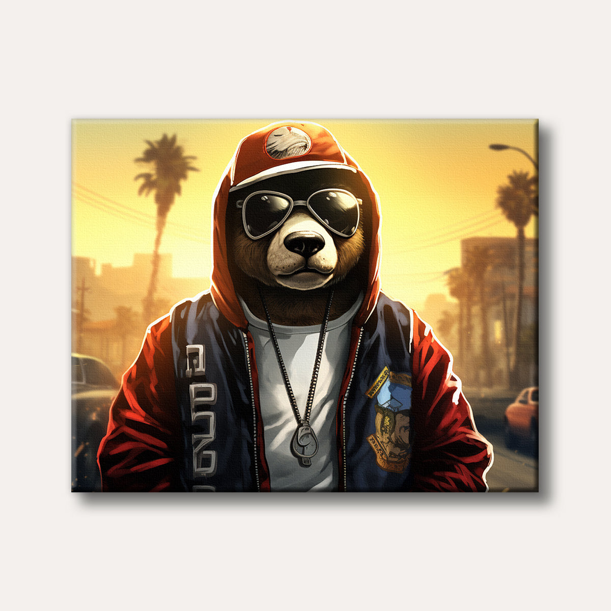 A cool, anthropomorphic bear in a red hoodie, baseball cap, and sunglasses stands in a vibrant, golden-hued city street, rendered in a modern pop art style.