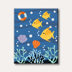 A cheerful flat-style illustration of an underwater scene featuring three yellow fish, a lifebuoy, and seashells amidst blue ocean waves and bubbles.