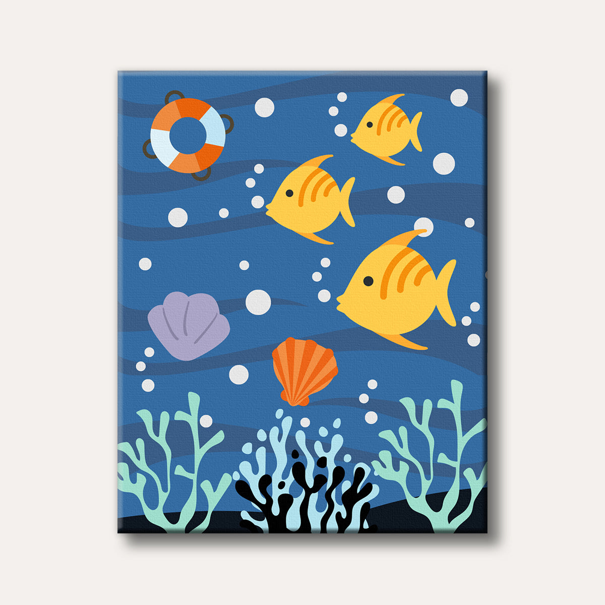 A cheerful flat-style illustration of an underwater scene featuring three yellow fish, a lifebuoy, and seashells amidst blue ocean waves and bubbles.