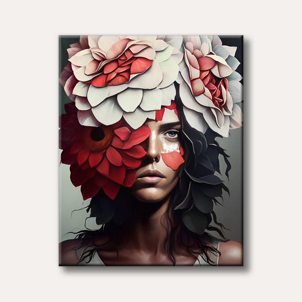 A fantastical digital painting of a woman with large, layered white and red floral elements forming a headdress and partially covering her face, set against a muted background.