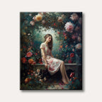 A serene painting of a young woman with long brown hair, wearing a floral dress, seated on a stone bench within a lush, overgrown garden filled with various vibrant and soft-hued flowers, rendered in a painterly, somewhat impressionistic style.