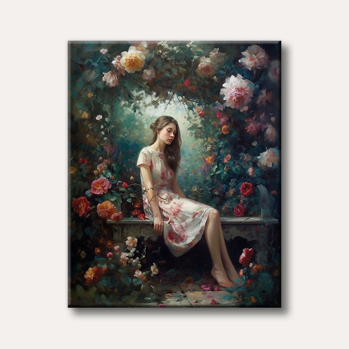 A serene painting of a young woman with long brown hair, wearing a floral dress, seated on a stone bench within a lush, overgrown garden filled with various vibrant and soft-hued flowers, rendered in a painterly, somewhat impressionistic style.