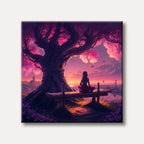 A digital painting shows a lone figure meditating under a giant pink tree as a brilliant orange and purple sunset reflects on calm water, evoking a magical mood.