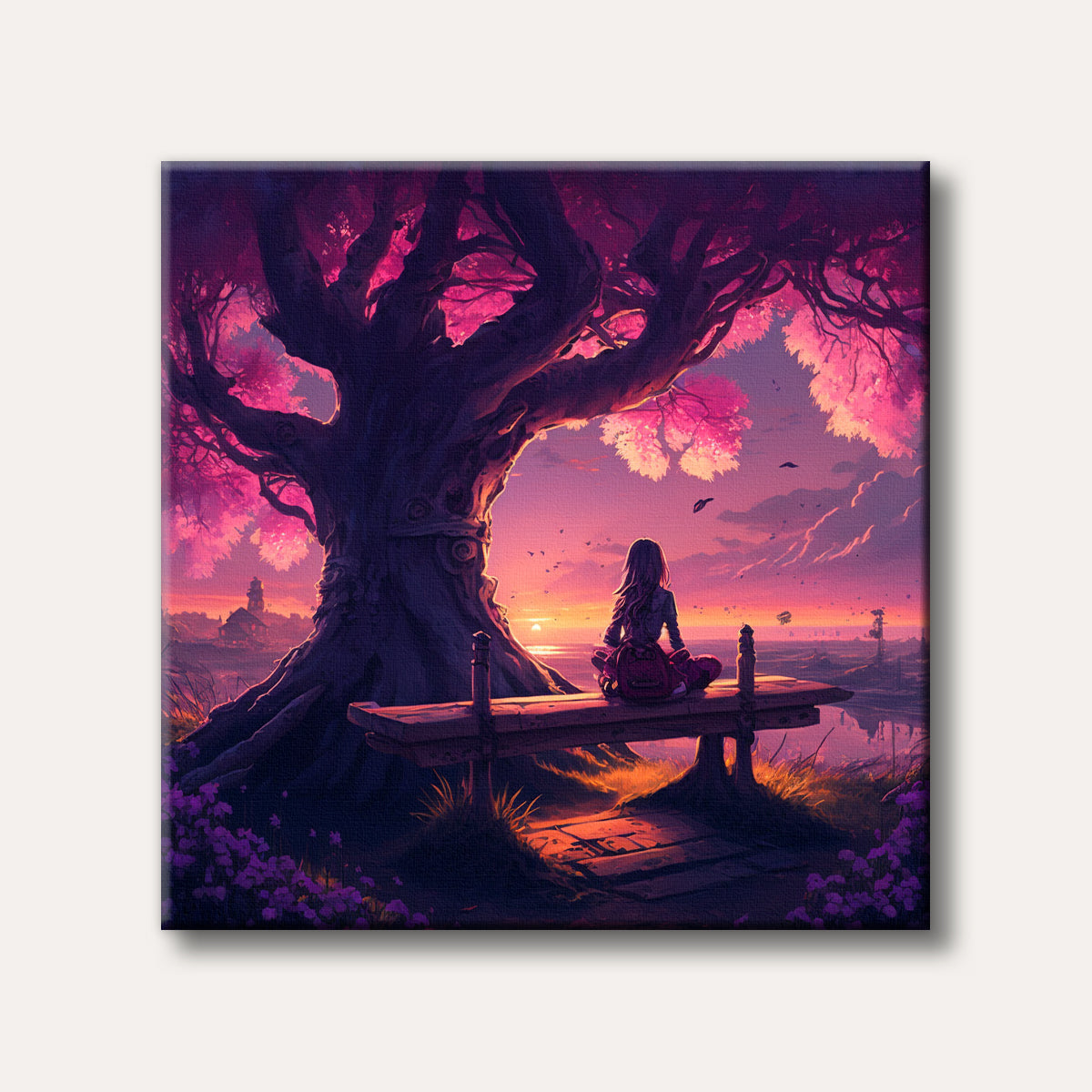 A digital painting shows a lone figure meditating under a giant pink tree as a brilliant orange and purple sunset reflects on calm water, evoking a magical mood.