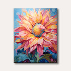A brightly coloured, modern art painting depicting a large, dynamic flower with pink, orange, and yellow petals against a light blue background, conveying a vibrant and cheerful mood.