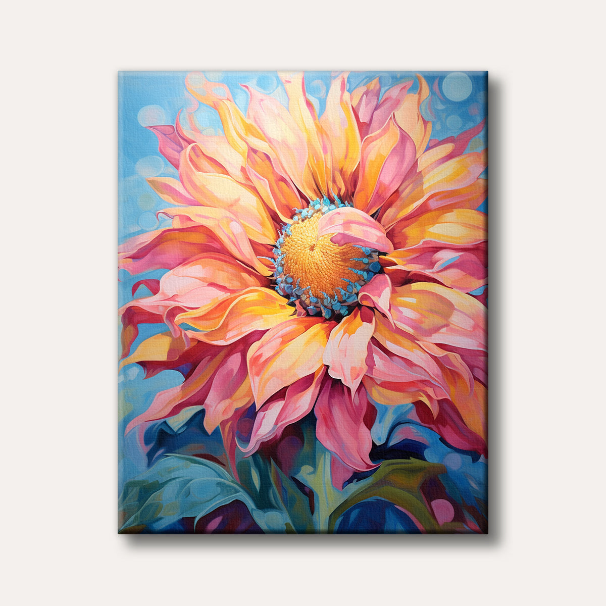 A brightly coloured, modern art painting depicting a large, dynamic flower with pink, orange, and yellow petals against a light blue background, conveying a vibrant and cheerful mood.