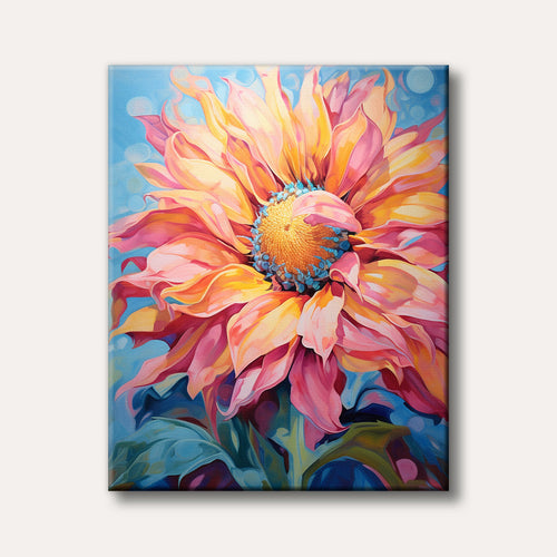 A brightly coloured, modern art painting depicting a large, dynamic flower with pink, orange, and yellow petals against a light blue background, conveying a vibrant and cheerful mood.