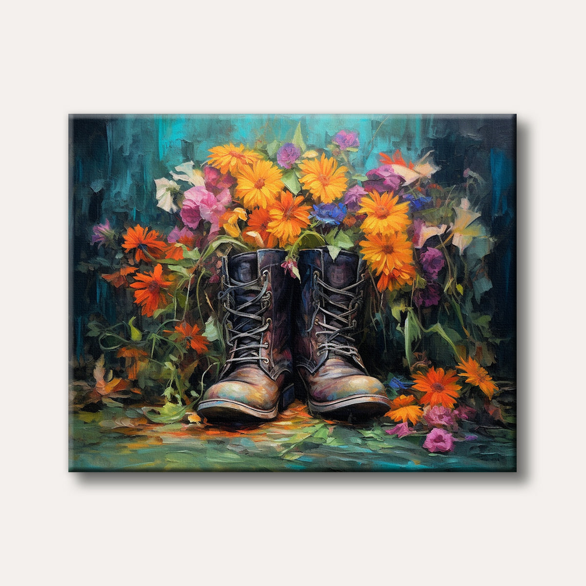 A painting depicting a pair of old, worn boots brimming with a vibrant array of orange, yellow, and pink flowers against a dark, textured background, rendered in a painterly style.