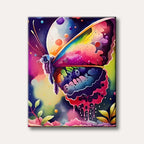 A whimsical, vibrantly coloured butterfly with rainbow wings depicted in a fantastical, abstract art style, set against a dark, dreamy background with floating orbs and dripping paint effects.