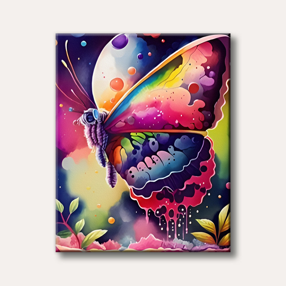 A whimsical, vibrantly coloured butterfly with rainbow wings depicted in a fantastical, abstract art style, set against a dark, dreamy background with floating orbs and dripping paint effects.
