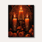 A dramatic painting of three glowing candles set against an ornate gothic arch with dark orange roses and autumn leaves, rendered in a warm, detailed style.