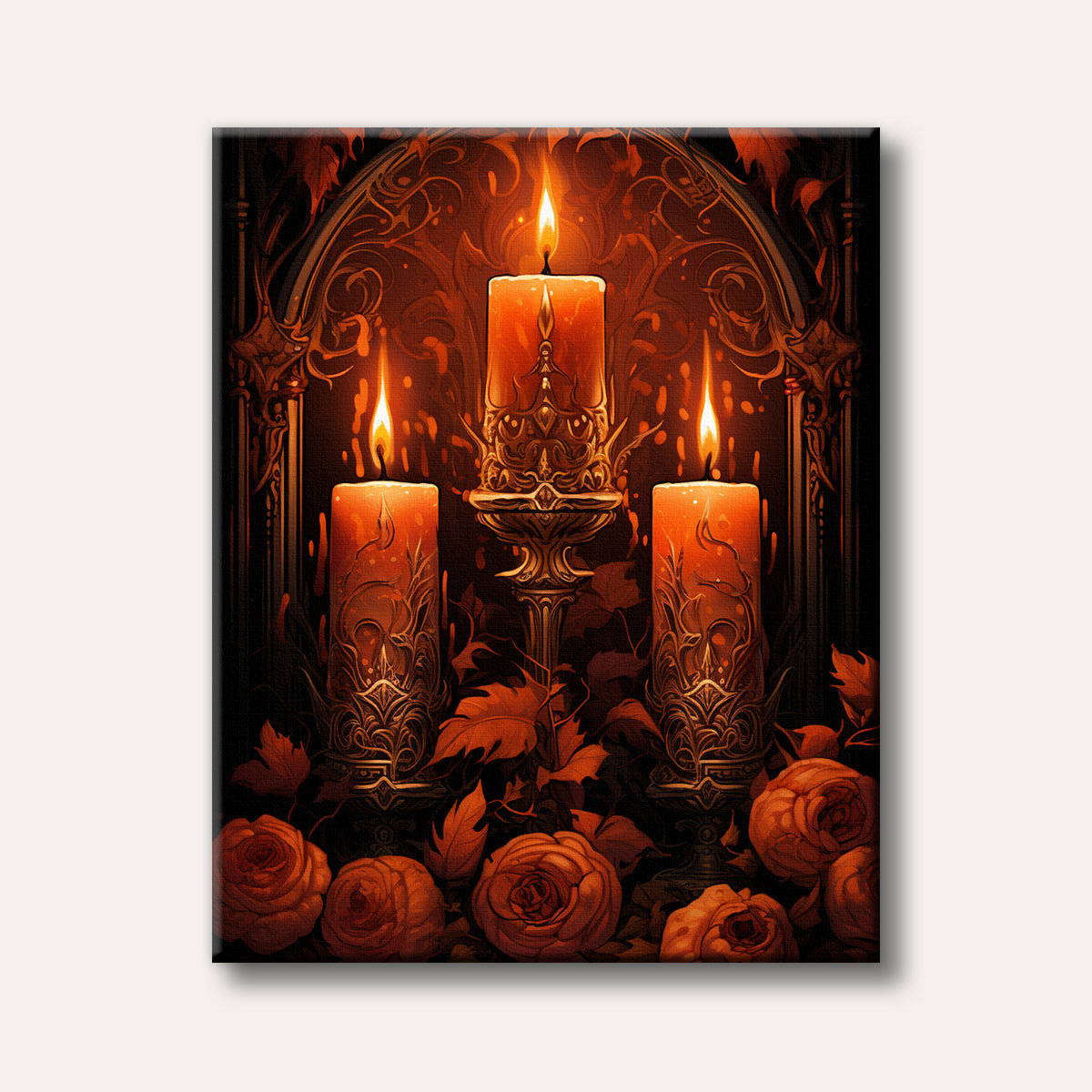 A dramatic painting of three glowing candles set against an ornate gothic arch with dark orange roses and autumn leaves, rendered in a warm, detailed style.