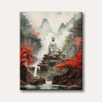 A serene painting depicts a large, white Buddha statue seated on a detailed temple, nestled among lush, mist-shrouded mountains with vibrant red trees and flowing waterfalls in a traditional Asian landscape style.