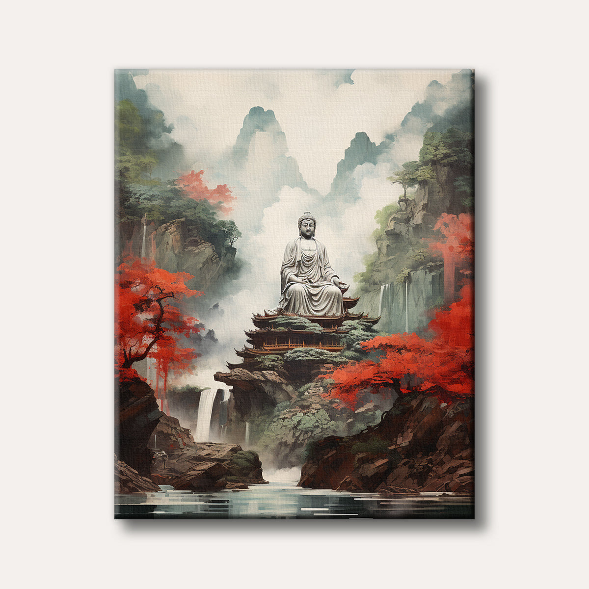 A serene painting depicts a large, white Buddha statue seated on a detailed temple, nestled among lush, mist-shrouded mountains with vibrant red trees and flowing waterfalls in a traditional Asian landscape style.