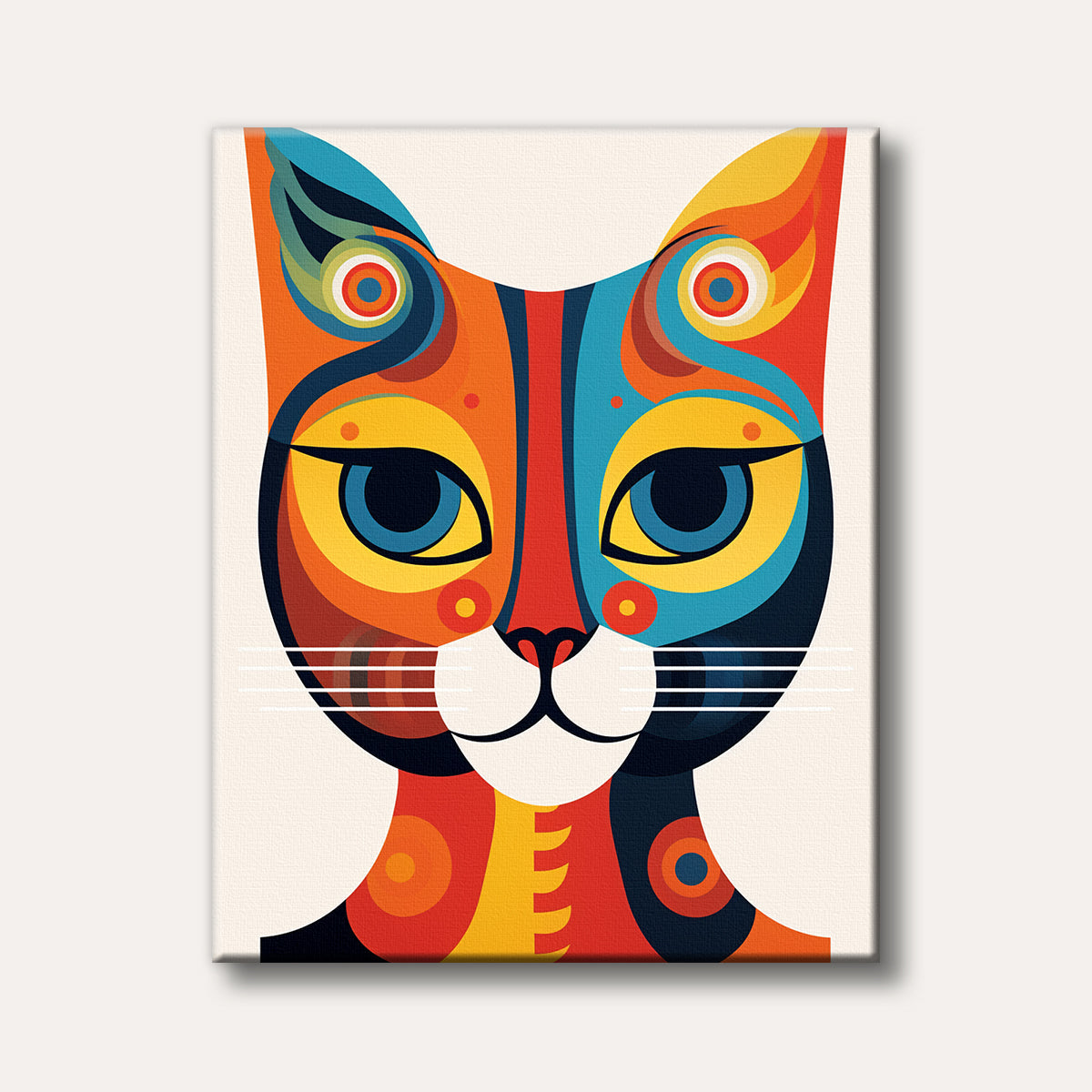 A vibrant and geometric pop art style painting of a cat's face, featuring bold orange, blue, and yellow shapes with striking blue eyes on a light background.