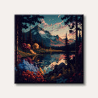 A vibrant and stylized landscape painting depicts a snow-capped mountain reflected in a clear lake, surrounded by colourful autumn trees and dark evergreens under a dramatic orange and blue sky.