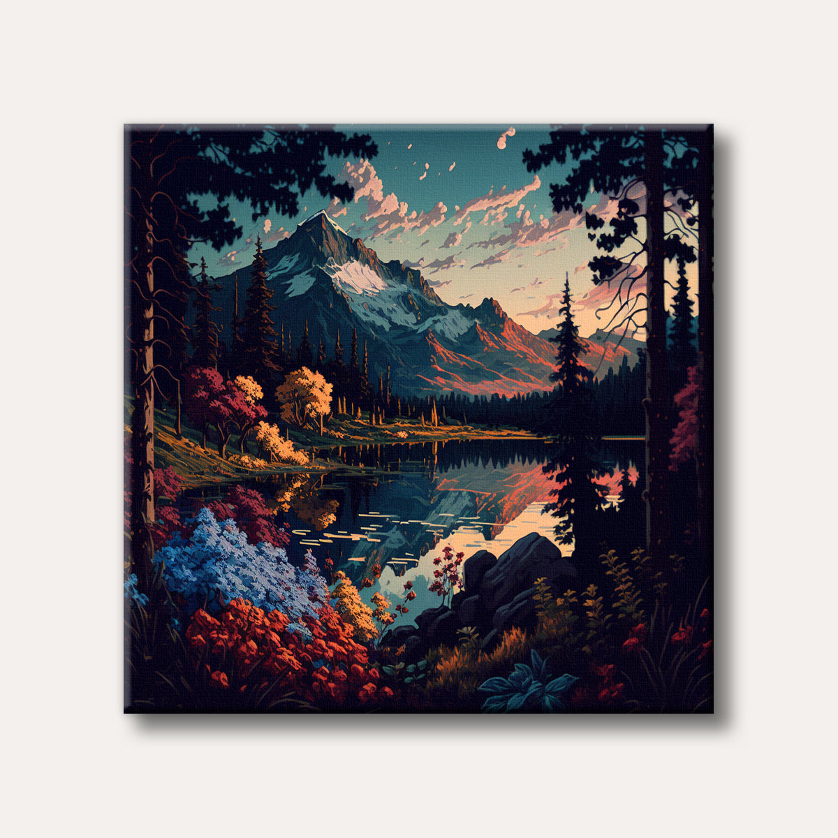 A vibrant and stylized landscape painting depicts a snow-capped mountain reflected in a clear lake, surrounded by colourful autumn trees and dark evergreens under a dramatic orange and blue sky.