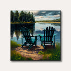 A serene painting showing two teal Adirondack chairs on a dirt shore beside a calm lake reflecting a cloudy sky and green forest, rendered in a brushstroke style.