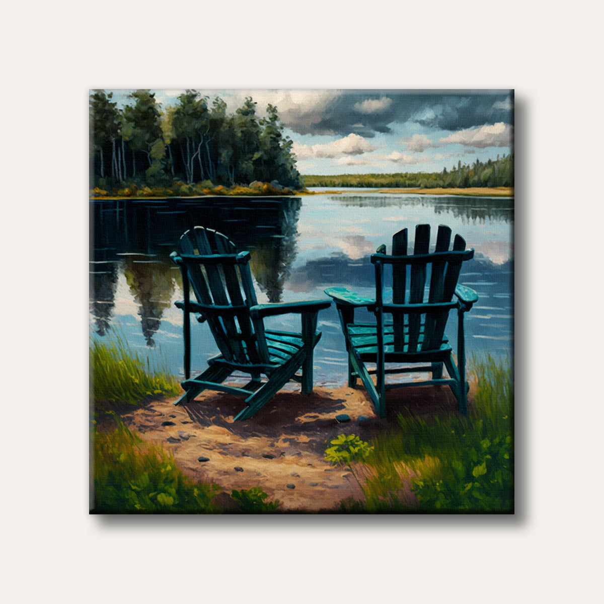A serene painting showing two teal Adirondack chairs on a dirt shore beside a calm lake reflecting a cloudy sky and green forest, rendered in a brushstroke style.
