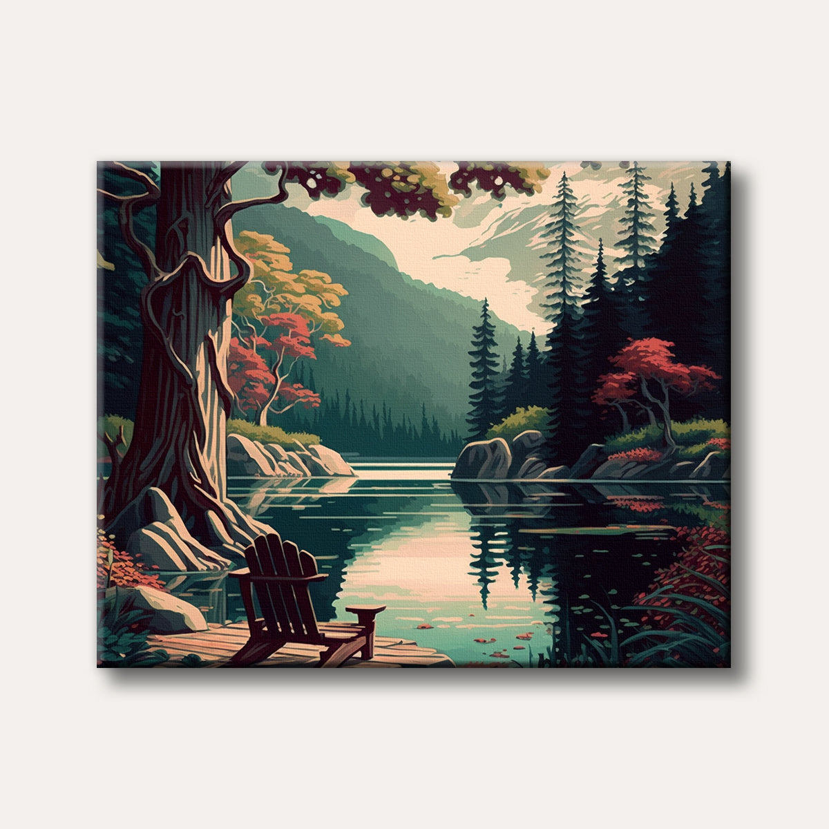 An illustrative painting of a tranquil lake scene surrounded by lush green and red trees and mountains, featuring a wooden Adirondack chair on a dock by the water.