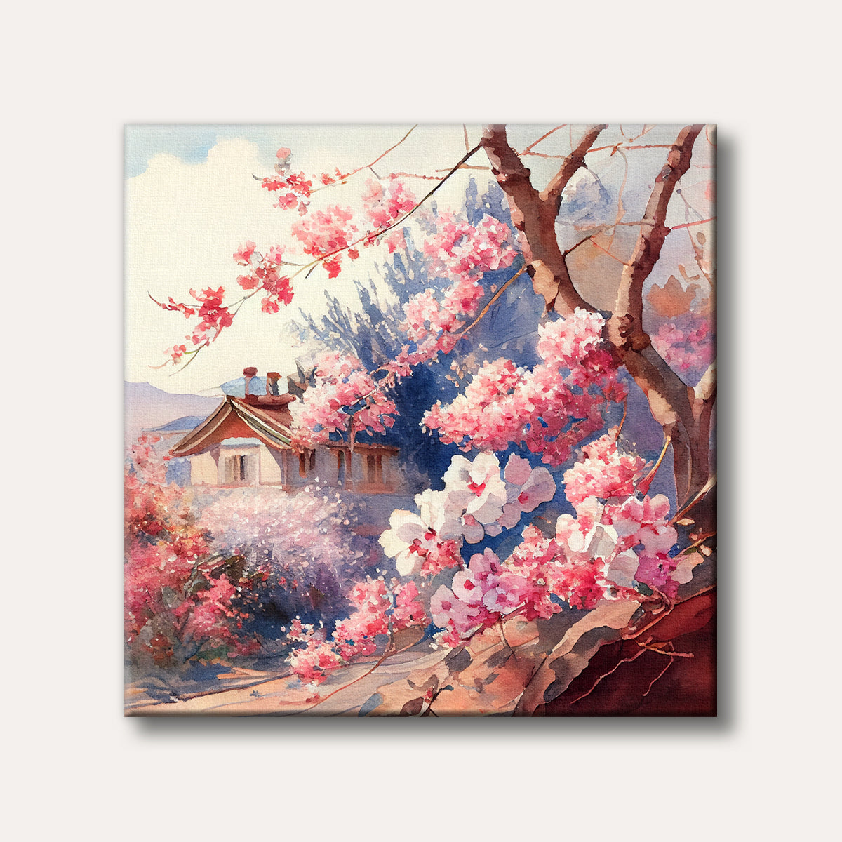 A picturesque watercolour scene of a traditional house surrounded by abundant pink cherry blossoms, evoking a serene and delicate spring atmosphere.