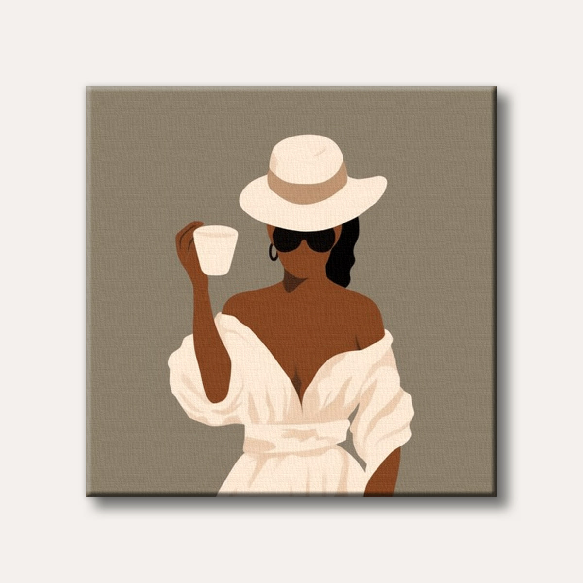 An illustration of a stylish woman with dark skin, wearing a wide-brimmed white hat and an off-shoulder white dress, holding a white cup, rendered in a minimalist and modern style.