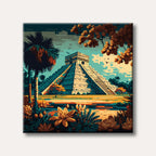 A vibrant, stylized illustration of a grand Mayan pyramid surrounded by lush tropical plants and a distinctive sky.