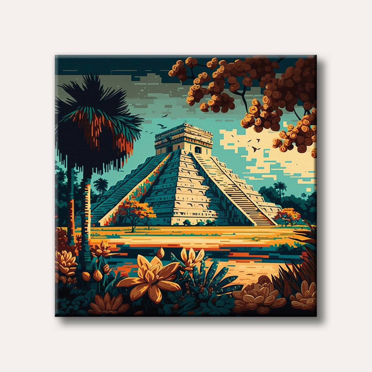 A vibrant, stylized illustration of a grand Mayan pyramid surrounded by lush tropical plants and a distinctive sky.