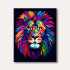 A brightly coloured, stylized illustration of a lion's head with a multi-hued mane and vibrant facial details, set against a dark background in a modern, pop-art style.