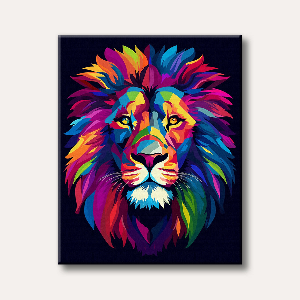 A brightly coloured, stylized illustration of a lion's head with a multi-hued mane and vibrant facial details, set against a dark background in a modern, pop-art style.