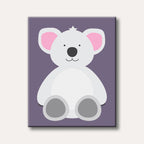 A charming and minimalist illustration of a white cartoon koala bear with pink ears, sitting against a solid lavender background.