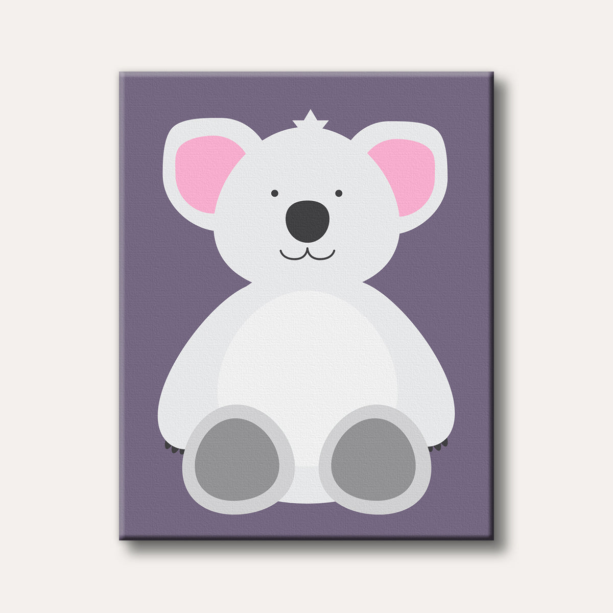A charming and minimalist illustration of a white cartoon koala bear with pink ears, sitting against a solid lavender background.