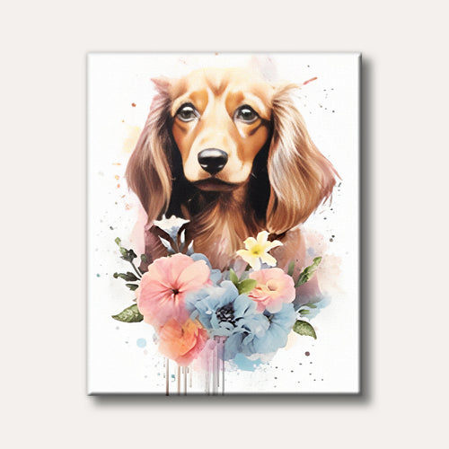 A portrait of a long-haired dachshund dog with expressive eyes, surrounded by soft pastel pink, blue, and peach flowers, on a white background with artistic paint splatters.