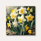 A vibrant close-up painting of white and yellow daffodils blooming amidst green foliage in a bright, natural garden setting.