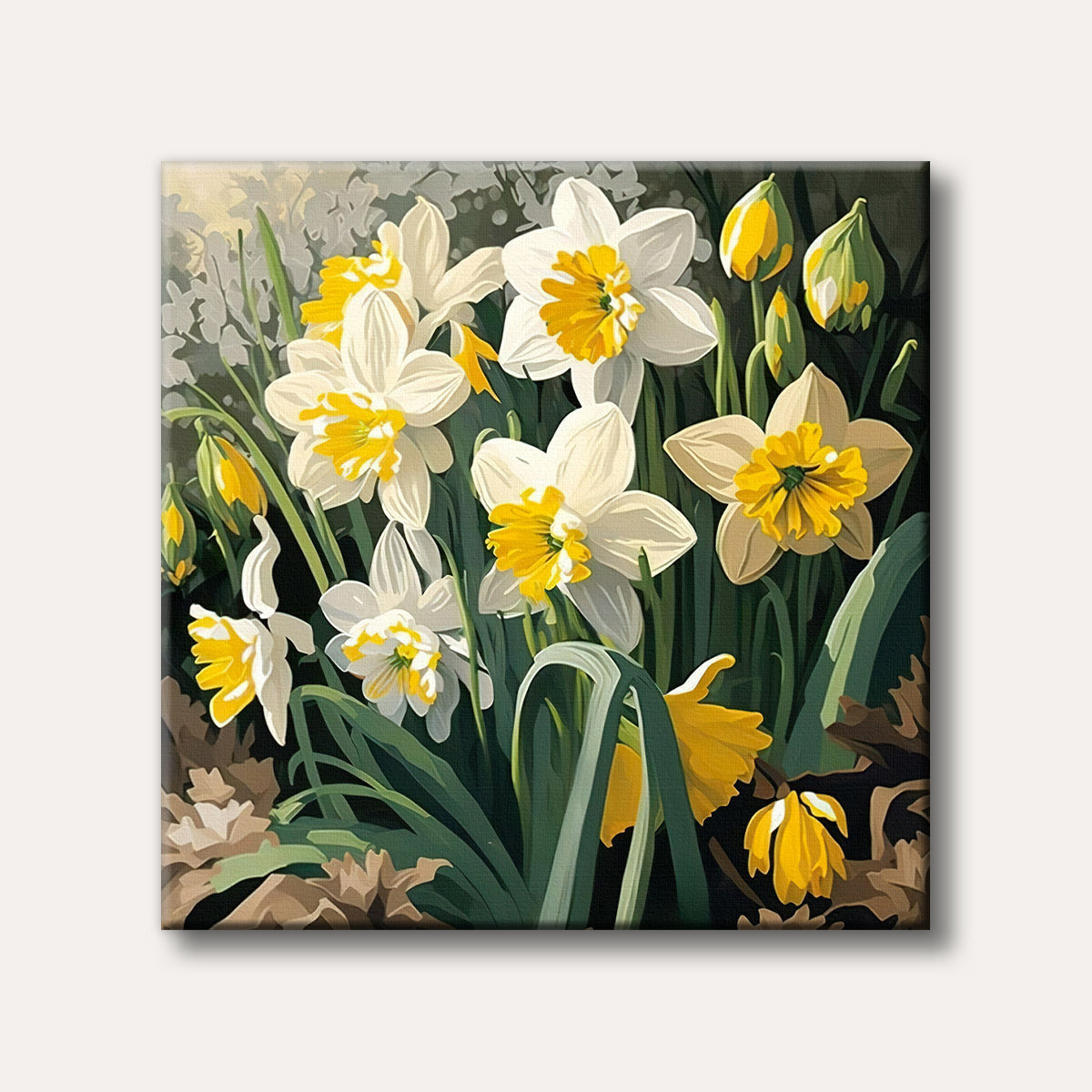 A vibrant close-up painting of white and yellow daffodils blooming amidst green foliage in a bright, natural garden setting.