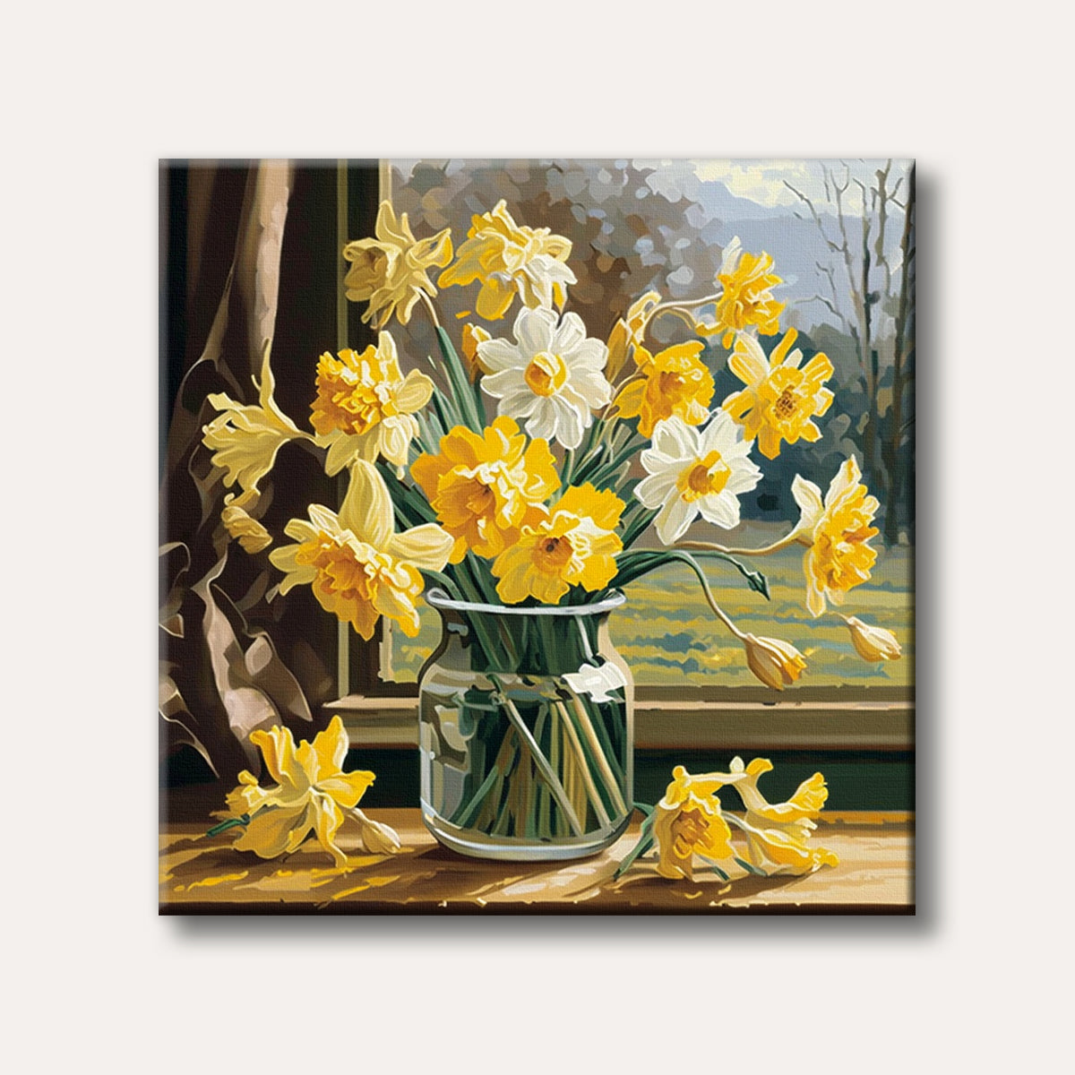 A vibrant still life painting of yellow and white daffodils in a clear glass vase, placed by a sunlit window with a subtle outdoor landscape visible, painted in a realistic style.
