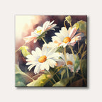 A watercolour painting of several white daisies with orange centers, illuminated by soft sunlight against a dark, muted background, creating a serene and natural mood.