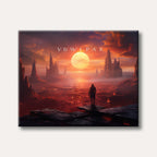 A lone figure stands on a dark rocky ledge, looking out over a vast, vibrant red alien world with sharp, dark rock formations under a massive, glowing orange sun and a dramatic red sky, depicted in a highly detailed fantasy art style.