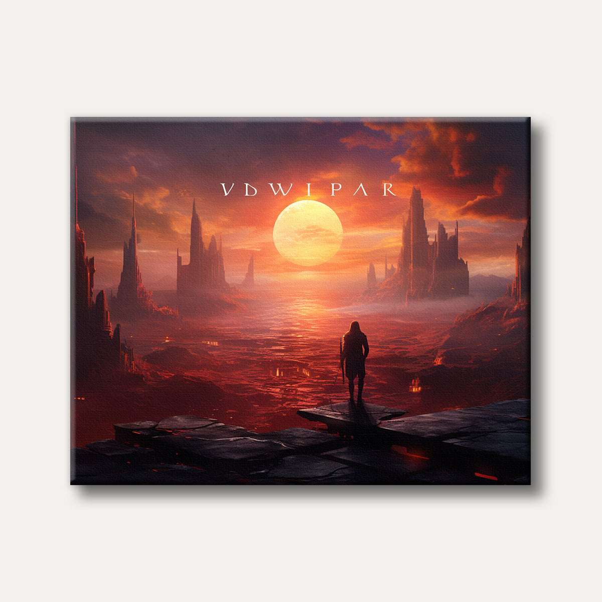 A lone figure stands on a dark rocky ledge, looking out over a vast, vibrant red alien world with sharp, dark rock formations under a massive, glowing orange sun and a dramatic red sky, depicted in a highly detailed fantasy art style.
