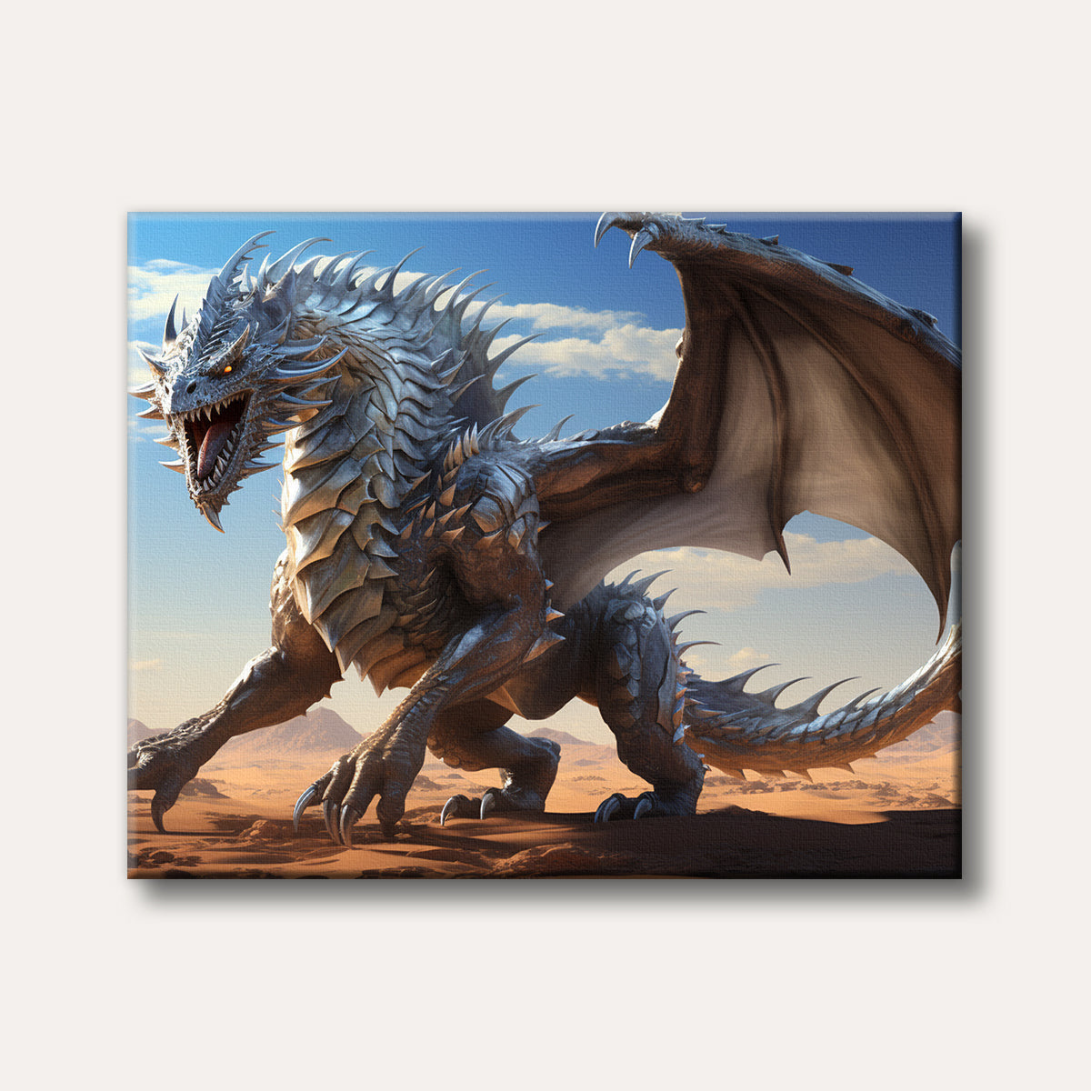 A powerful silver dragon with orange eyes roaring in a vast desert landscape under a bright blue sky, rendered in a realistic fantasy style.