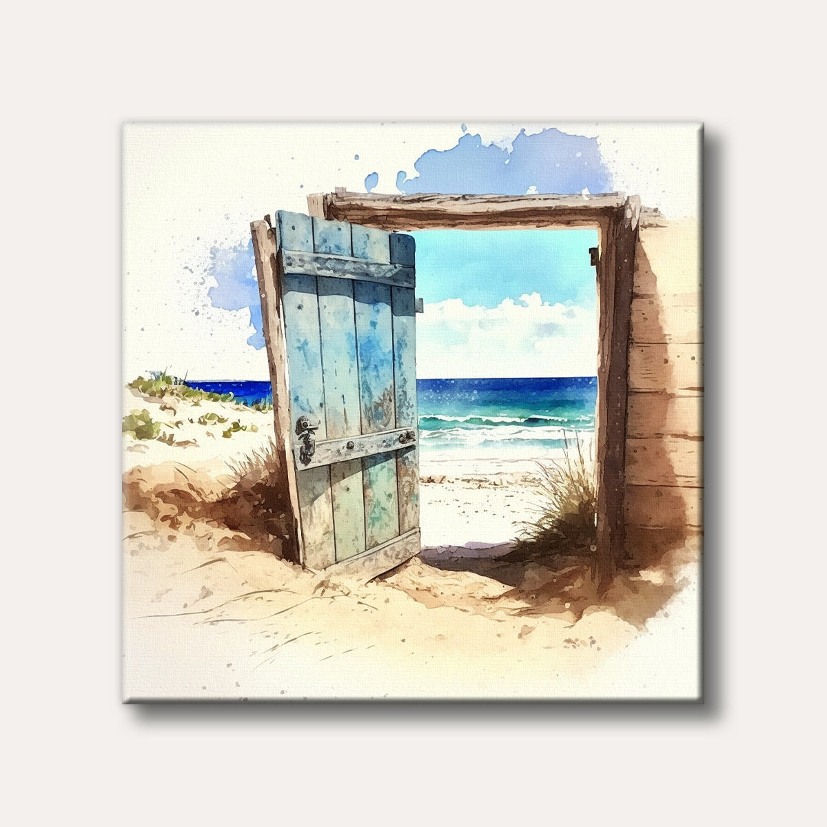 A watercolour painting of an open rustic blue wooden door on a sandy beach, looking out to a serene blue ocean under a clear sky.