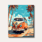 A vibrant, stylized illustration of a vintage orange and white Volkswagen bus on a sandy beach path with tall palm trees and a bright blue sky, evoking a nostalgic travel mood.